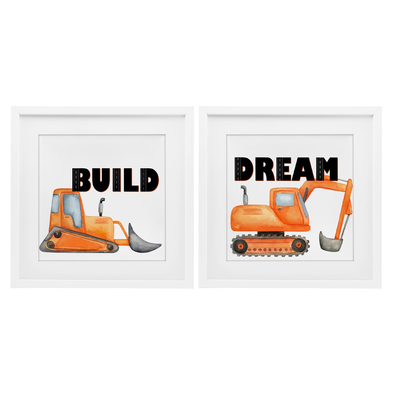 Stupell Industries Build & Dream Construction Vehicles 2pc Framed Print Under Glass Set, design by Kim Allen